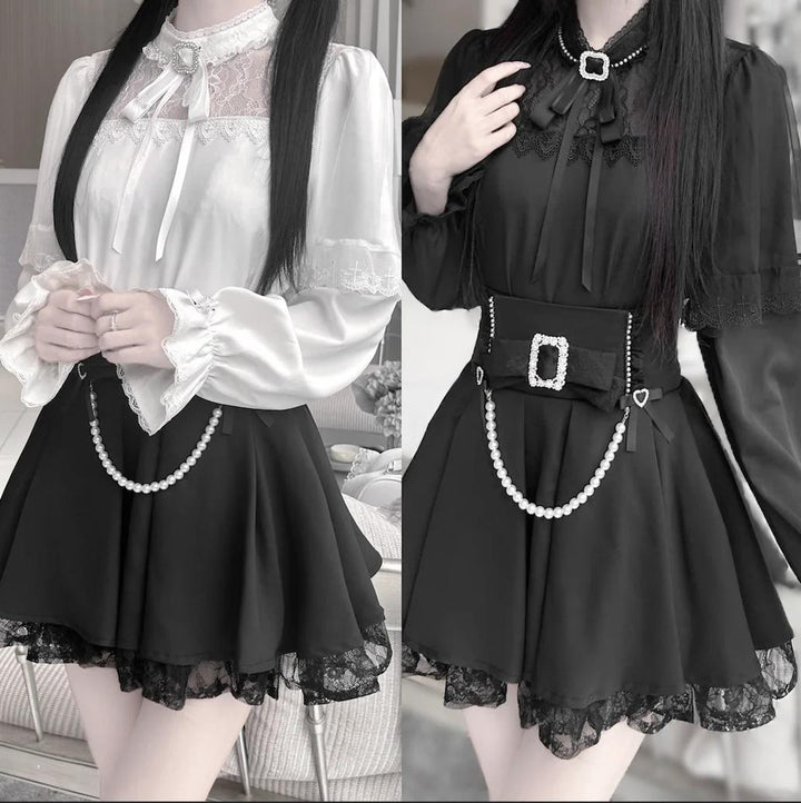 Jirai Kei Hollow-Out Lace Blouse Black Skirt With Pearl Chain 42163:731429