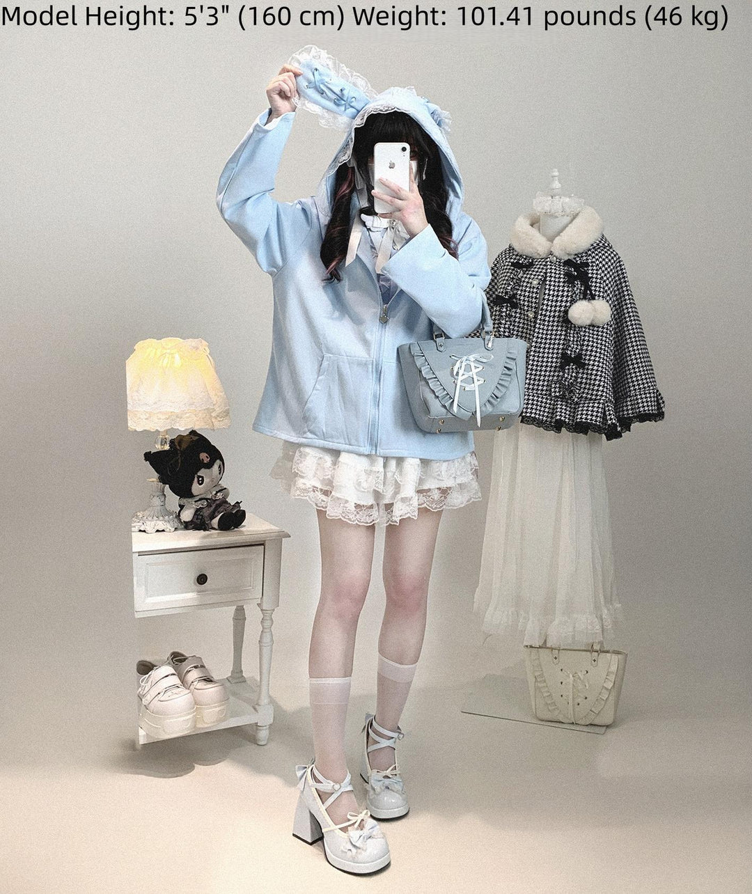 Kawaii Zipper Closure Jacket, Lace Bunny Ear 44002:792528
