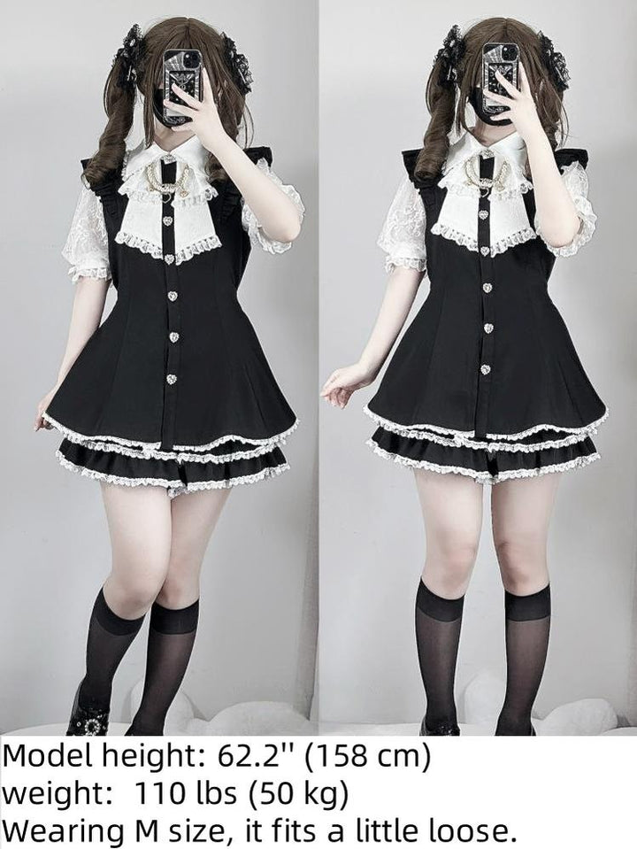 Plaid/Black Jirai Kei Dress Set, Lace Sleeve, Pearl Chain 43241:774506