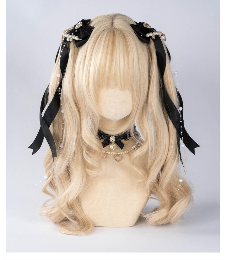 Jirai Kei Bow Hair Clip, Heart Rhinestone, Pearl Chain, Lace Trim 43501:778520