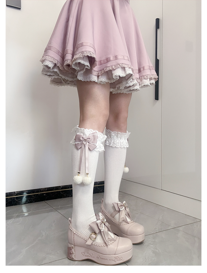 Jirai Kei Knee Socks Lace Bow Pom-Pom Mid-Calf Socks 40886:678962