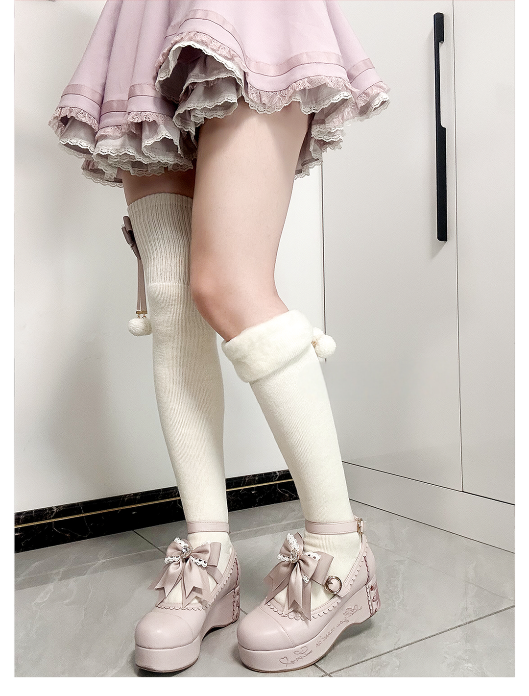 Jirai Kei Knee Socks Thick Plush Padded Bow Socks 40890:679126