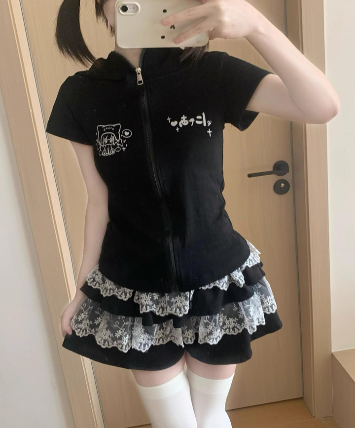 Kawaii Lace Cake Skirt with Sporty Zip-Up & Triple Ruffles 42702:750998