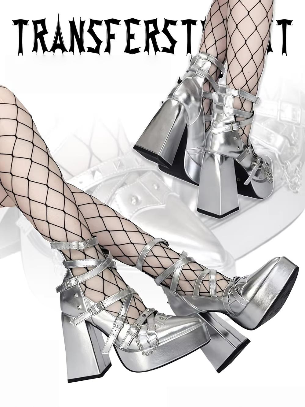 Punk Subculture Heels Shoes, Pointed Toe (Silver / 35 36 37 38 39 40) 44928:828699