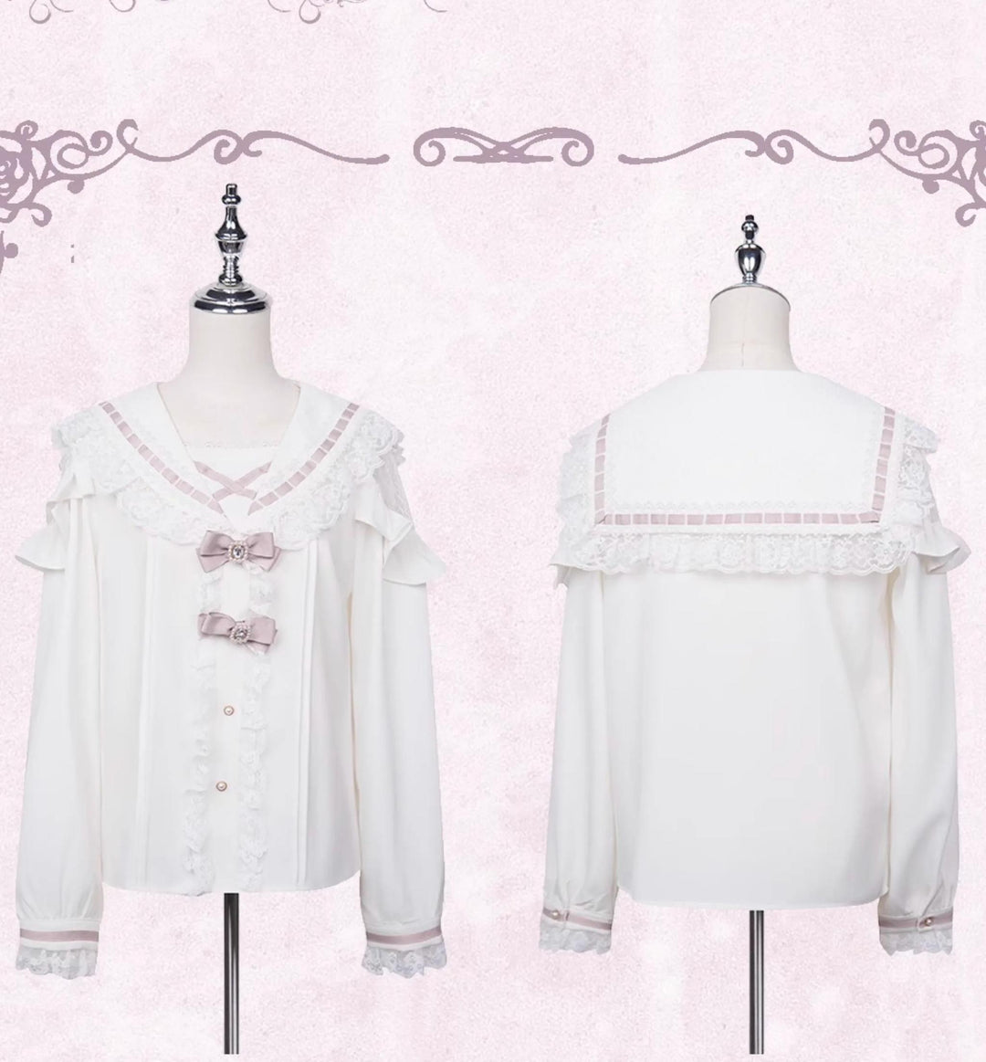 Sailor Collar Jirai Kei Blouse with Tulle Shoulder and Lace Frill (L M) 42523:744445