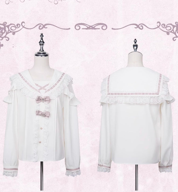 Sailor Collar Jirai Kei Blouse with Tulle Shoulder and Lace Frill (L M) 42523:744445