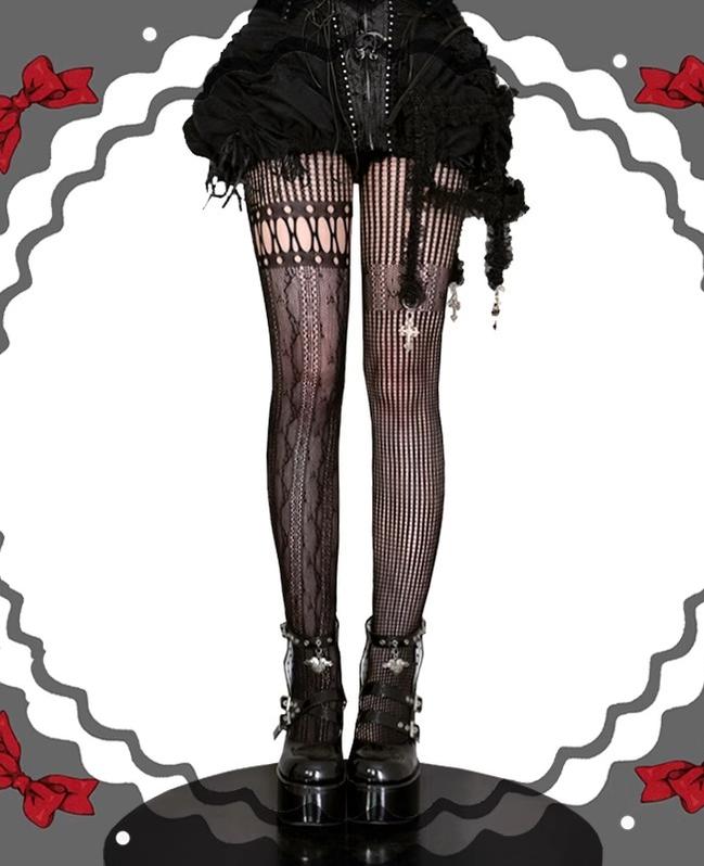 Asymmetric Gothic Lolita Fishnet Pantyhose, Multiple Color (Black / F) 43320:774101
