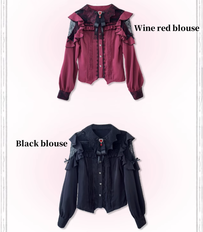 Jirai Kei Blouse Lace Bat Collar Burgundy And Black Shirt 39630:633464