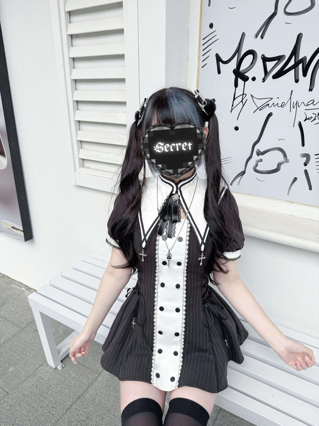 Striped Jirai Kei Set Up, Detachable Collar, Long/Short Sleeve Styles 43401:775829
