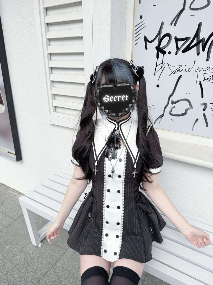 Striped Jirai Kei Set Up, Detachable Collar, Long/Short Sleeve Styles 43401:775829