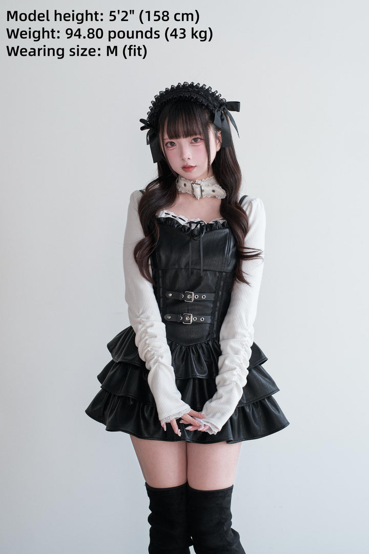 Jirai Kei Strappy Mini Dress, Tiered Ruffles 44328:805469
