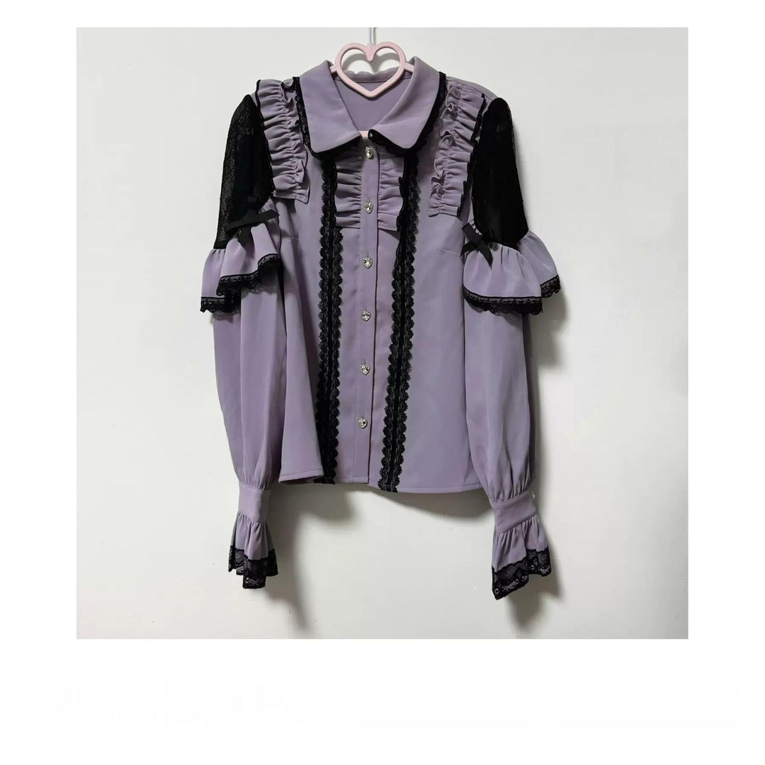 Jirai Kei Blouse Mini Skirt Patchwork Open Shoulder Bi Color Shirt (L M S XL) 34500:558330