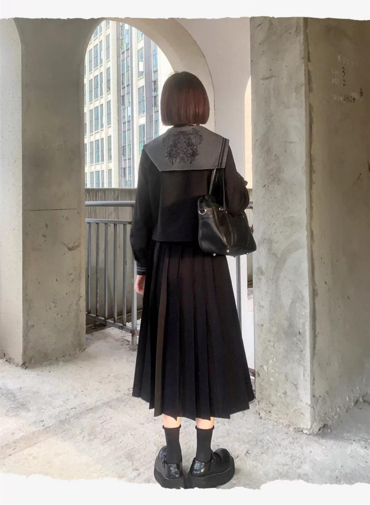Black JK Uniform Sailor Collar Blouse Pocketed Pleated Skirt 43025:762732