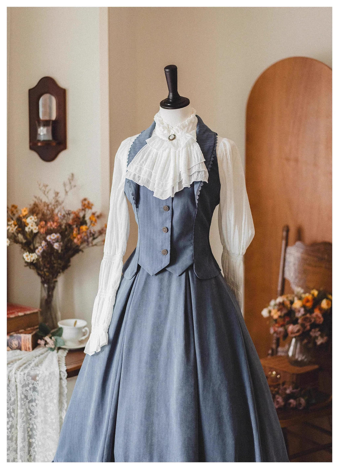 Classic Lolita A-Line Skirt + Button-Front Vest + White Blouse 40944:770422