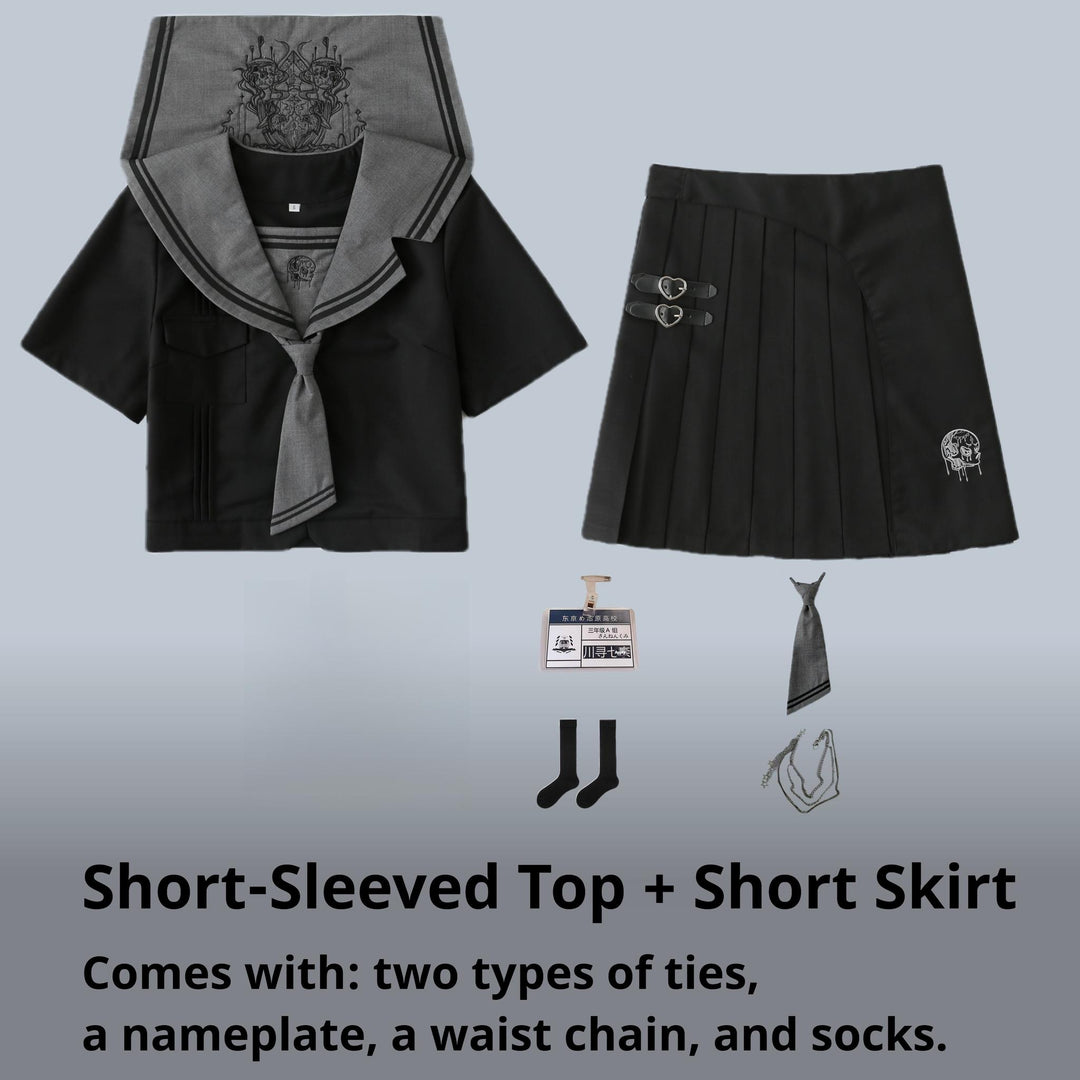 Black JK Uniform Sailor Collar Blouse Pocketed Pleated Skirt (2XL 3XL L M S XL) 43025:762742