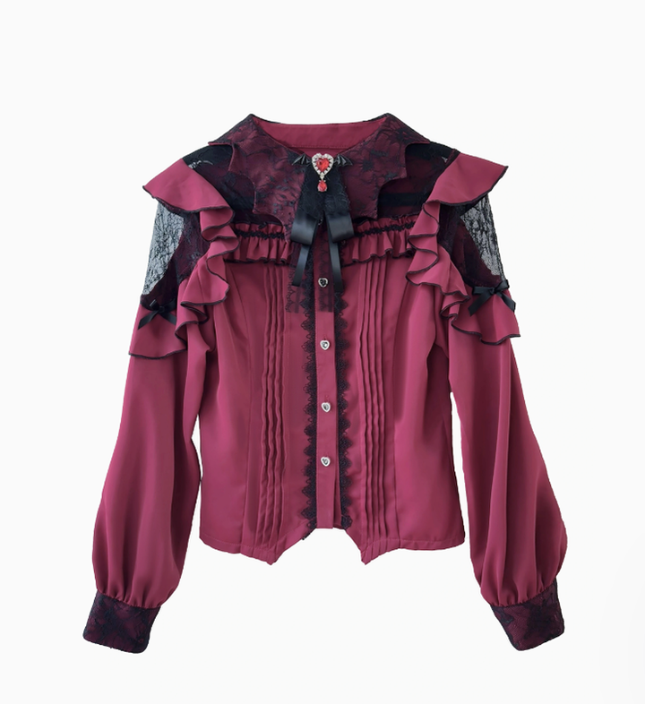 Jirai Kei Blouse Lace Bat Collar Burgundy And Black Shirt (L M S XL) 39630:633470
