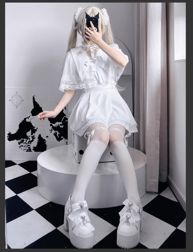 Jirai Kei Skirt Angel Wing Collar Blouse Double Layered Skirt 39538:634856