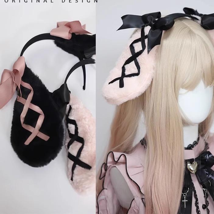 Jirai Kei Sweet Rabbit Ear Hairband Black Pink Hair Accessory 22524:334928