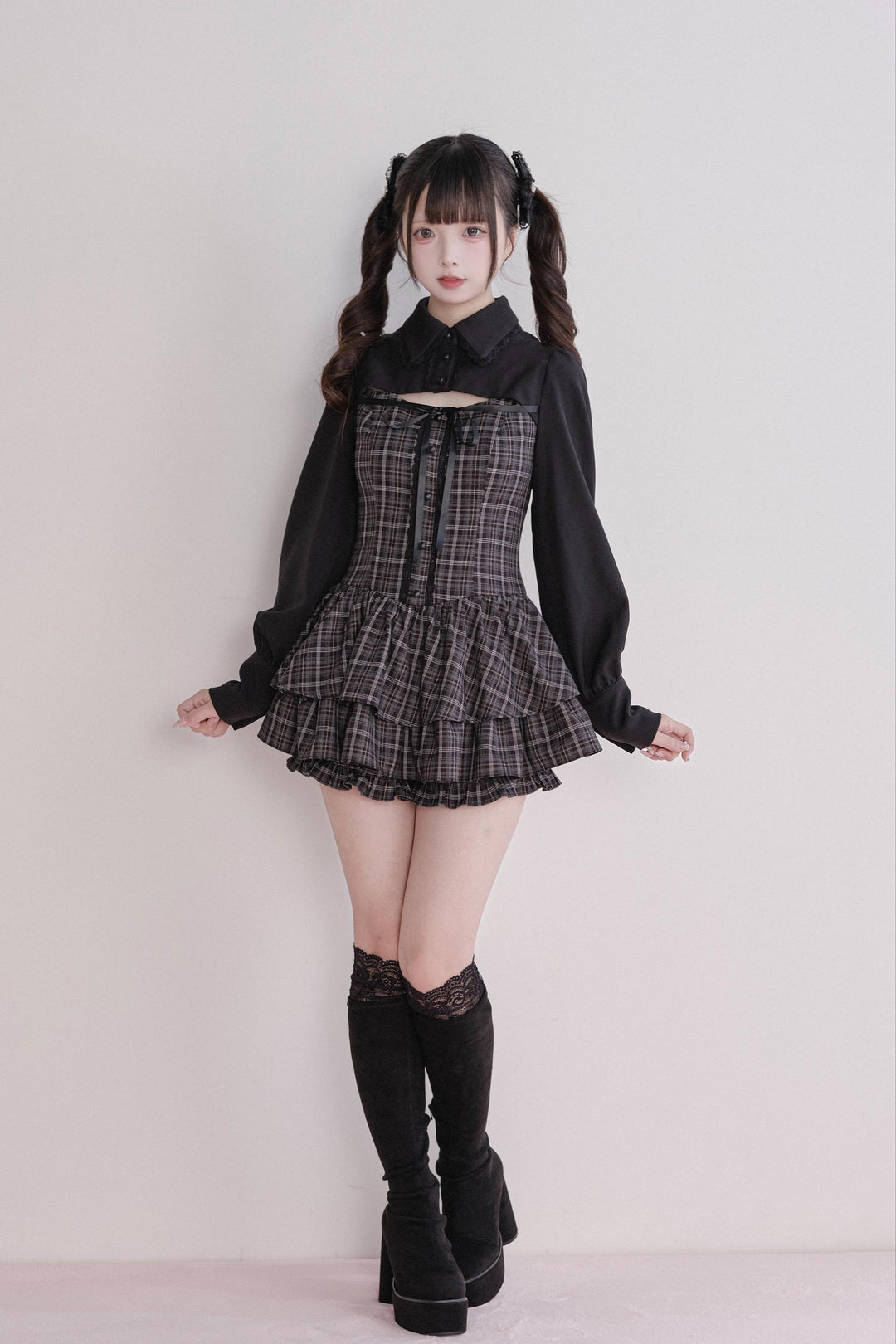 Jirai Kei Plaid Dress Set, Tiered Ruffles 44594:815609