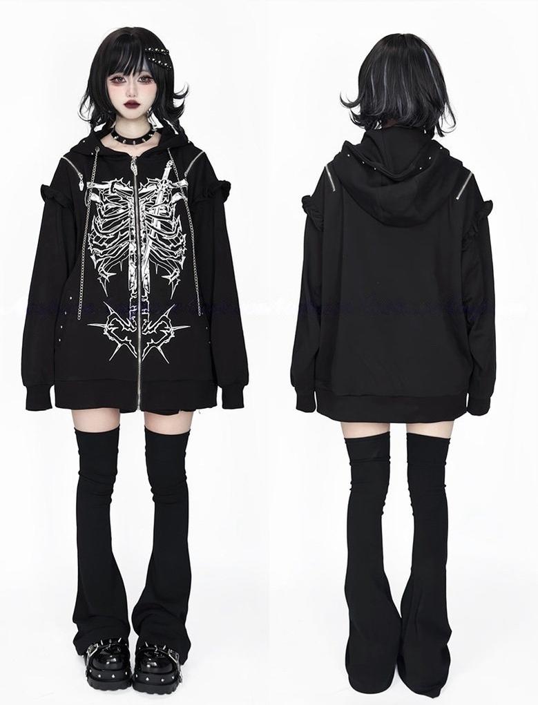 Subculture Ribcage Printed Zipper Hoodie, Open Shoulder 44482:811069