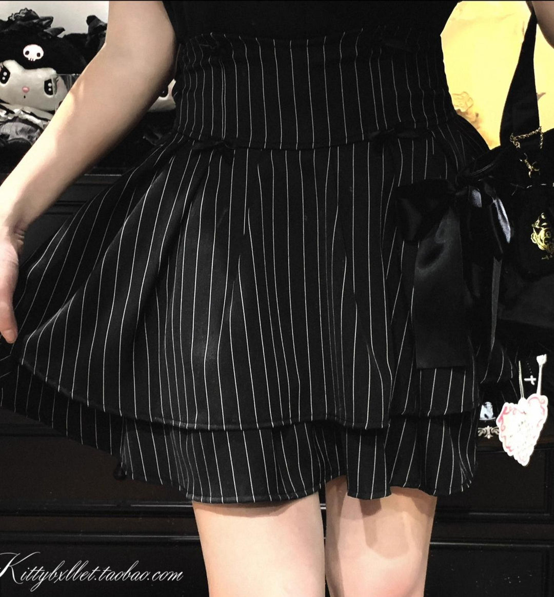 Striped Jirai Kei Skirt, Elastic Built-in Waist Shorts 43074:776250