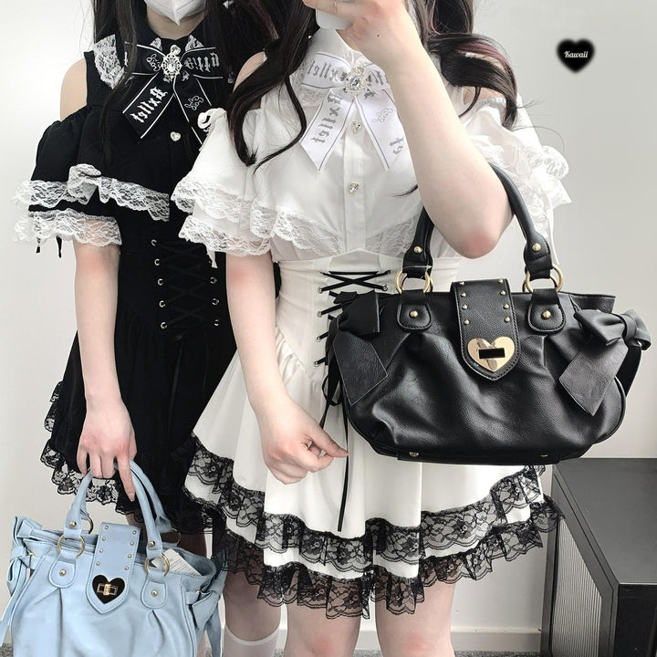 Jirai Kei Shirt Lace Open-shoulder Blouse Short Sleeve Top 36782:537542
