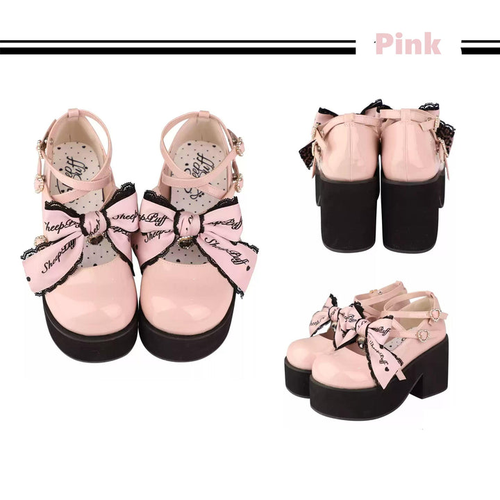 Jirai Kei Shoes Black Pink Platform Shoes Bow Buckle Shoes 21984:631718