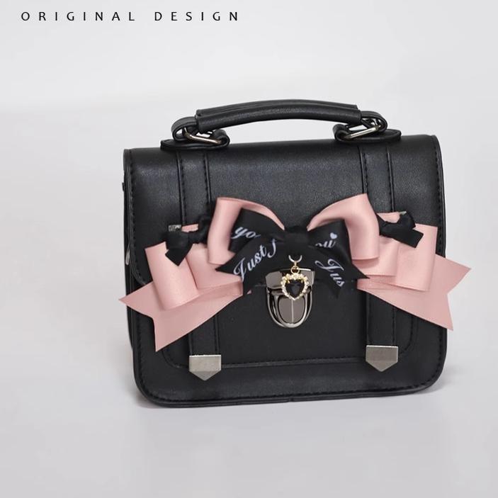 Black Jirai Kei Bag JK Uniforms Bag With Bow And Rhinestone 22512:334180