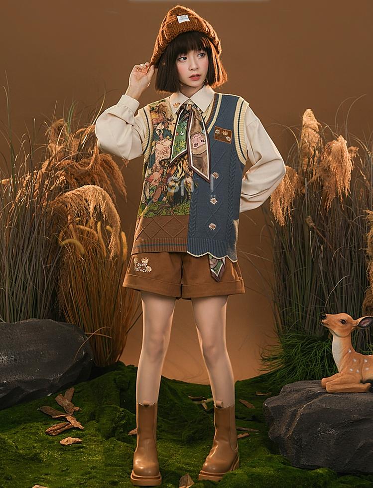 Mori Kei Clothing Set Retro Shirt Academy Vest Casual Shorts 39286:618718