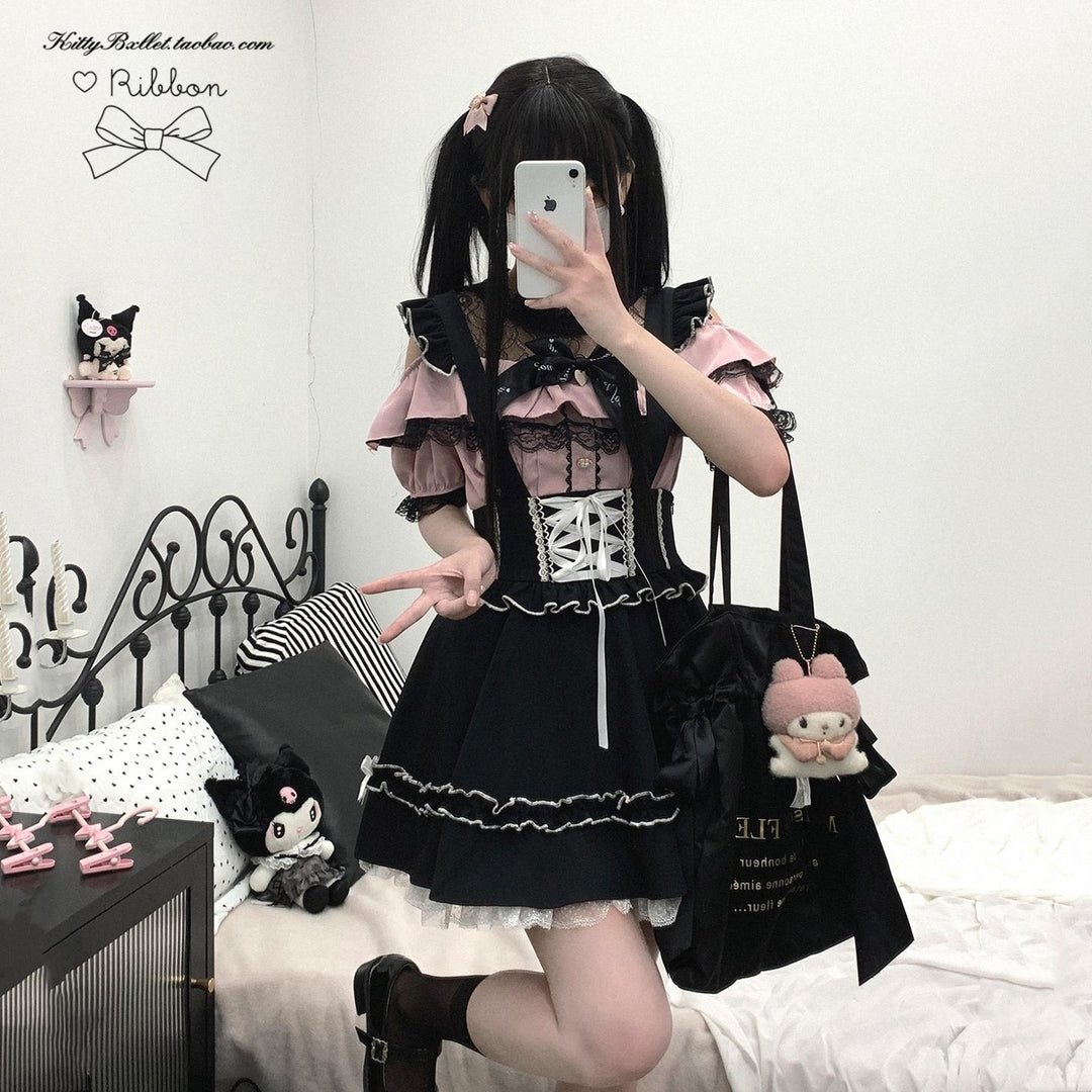Jirai Kei Shirt Lace Double Layer Short Sleeve Open Shoulder Blouse 35374:768910
