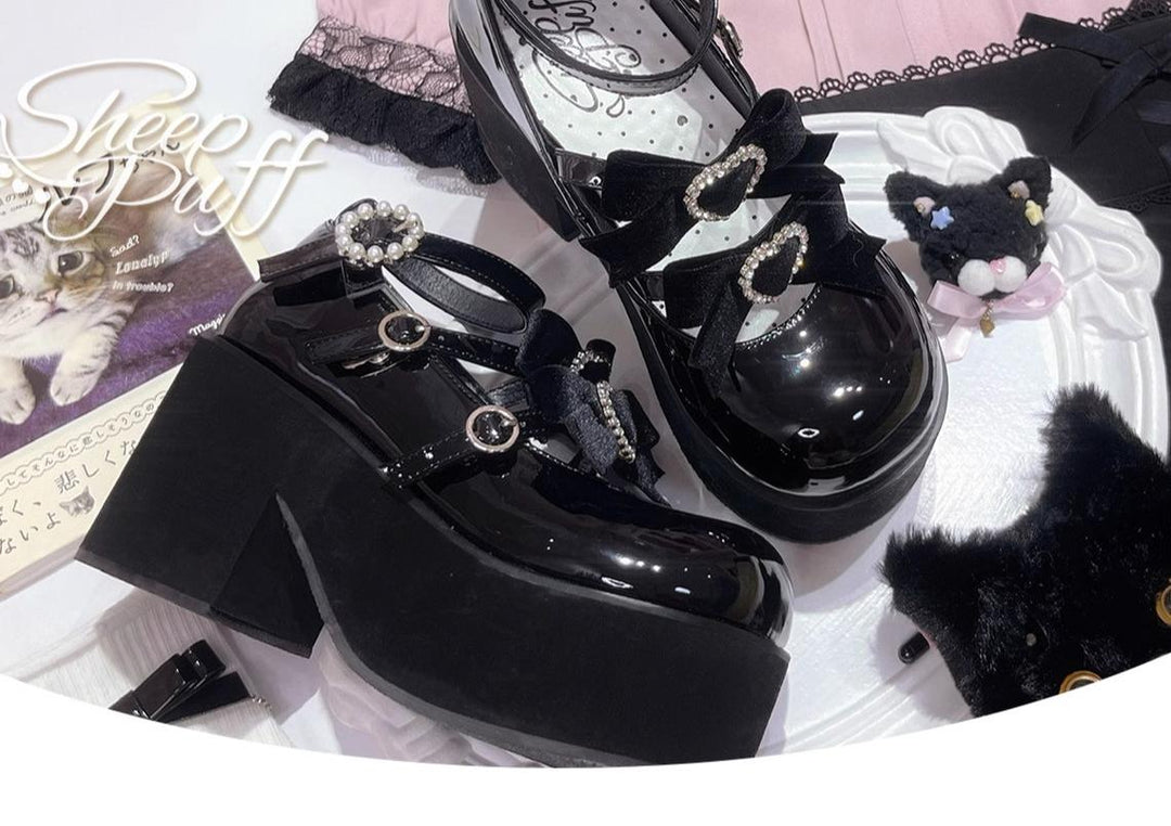 Jirai Kei Black Platform Shoes With Bow and Rhinestone 21982:321662