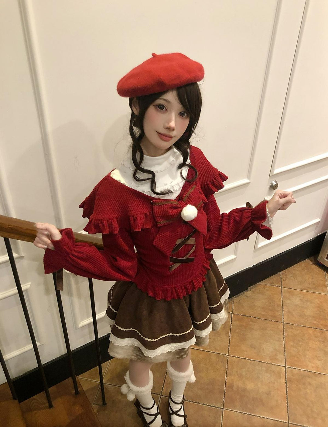 Christmas Red Off-Shoulder Sweater, Ruffled Skirt 44160:798309