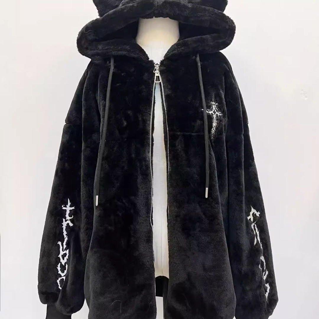 Jirai Kei Coat Black Fleece Hooded Jacket With Cat Ears 40754:677994