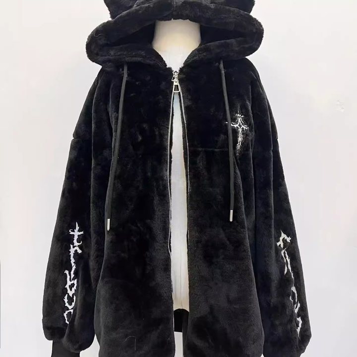 Jirai Kei Coat Black Fleece Hooded Jacket With Cat Ears 40754:677994