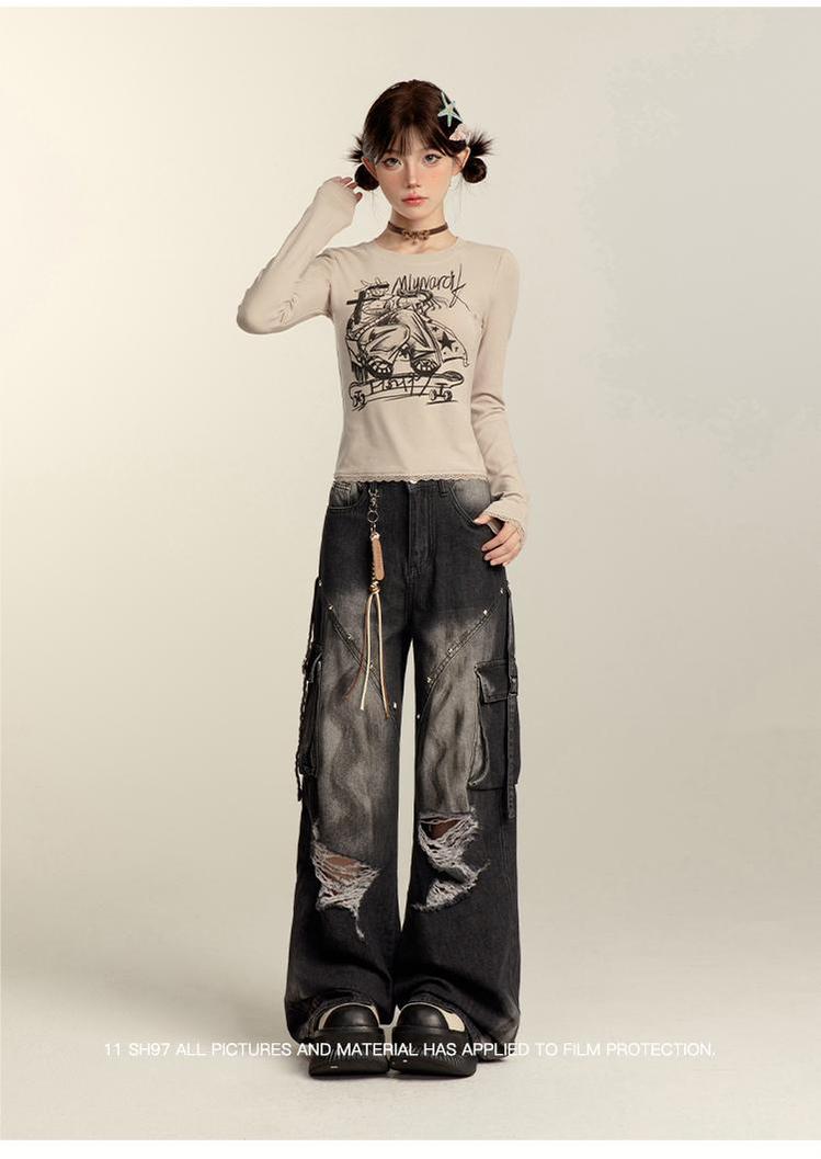 Punk Pants Black Straight Wide Leg Ripped Jeans Autumn 39760:642296