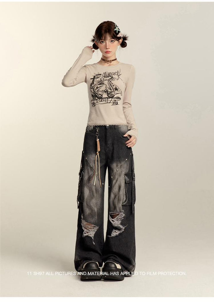 Punk Pants Black Straight Wide Leg Ripped Jeans Autumn 39760:642296