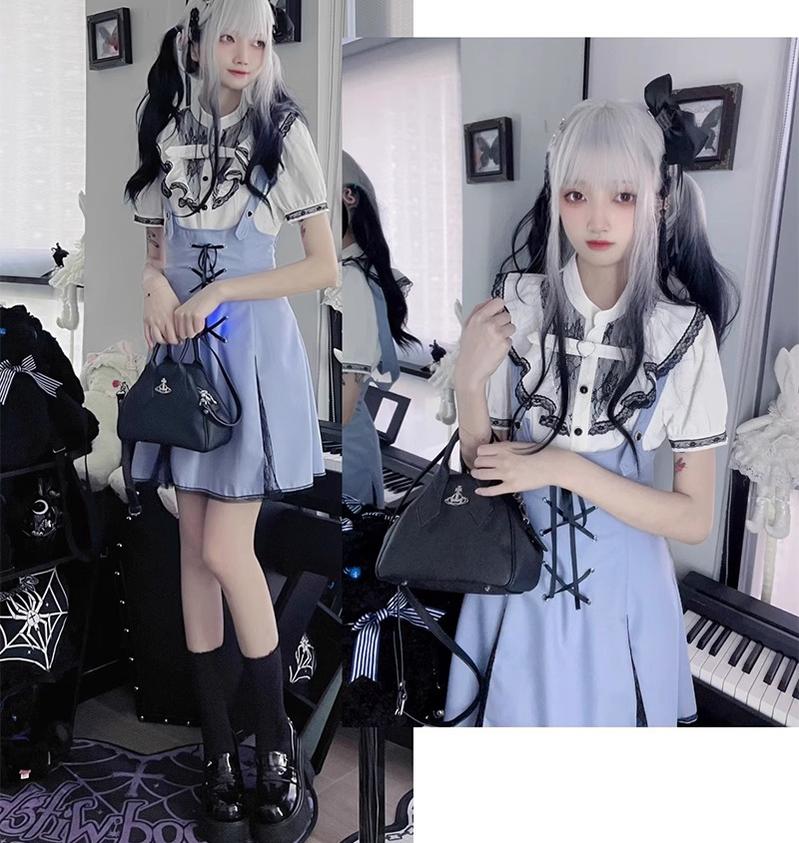 Jirai Kei Bi-color Blouse, Suspender Skirt Set 21976:365208
