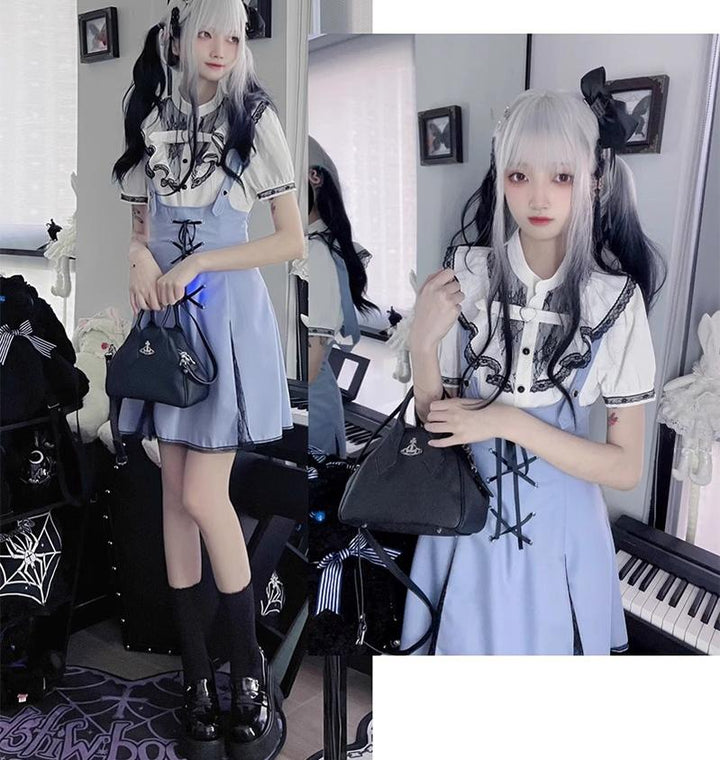 Jirai Kei Bi-color Blouse, Suspender Skirt Set 21976:365208