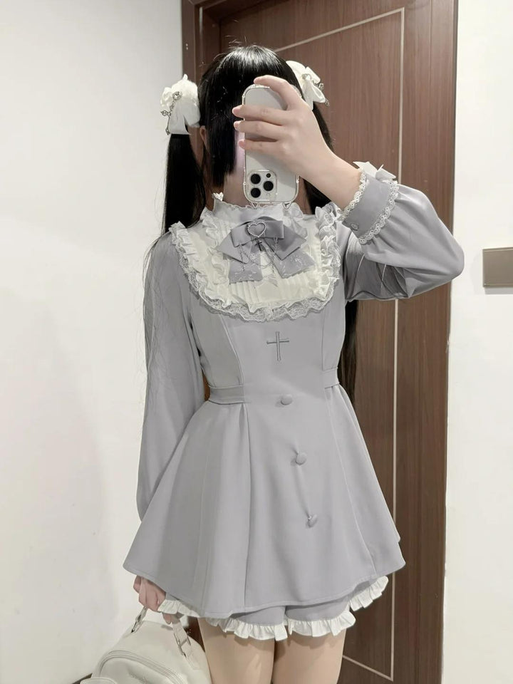 Plus Size Jirai Kei Long Sleeve Dress Set With Lace Wrist Bow Multicolor 41688:734052
