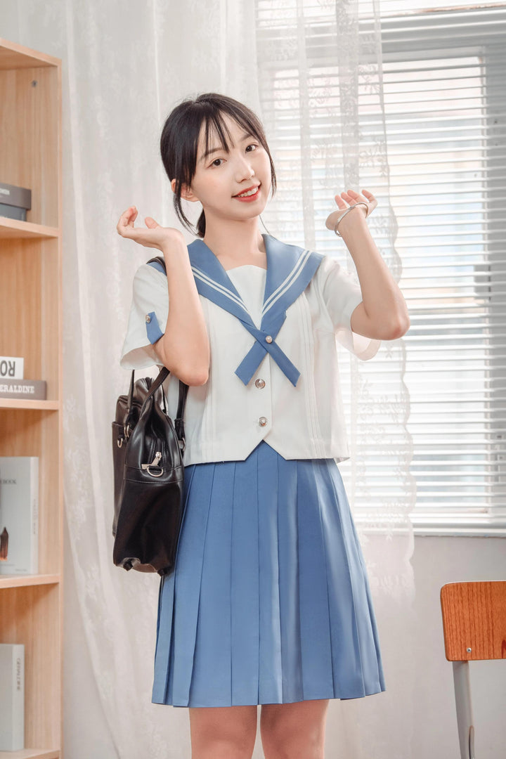 Summer JK Uniform Set, Sailor Collar Blouse, Pleated Skirt (L M S XL XS XXL) 43329:774766