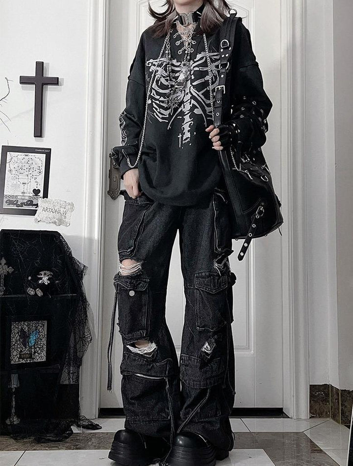 Ribcage Printed Subculture Hoodie, Ear-Accent Hood 44564:815271