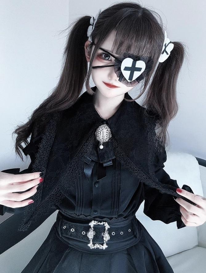 Pointed Lace Collar Jirai Kei Blouse & Black Skirt (2XL L M XL) 42949:769845