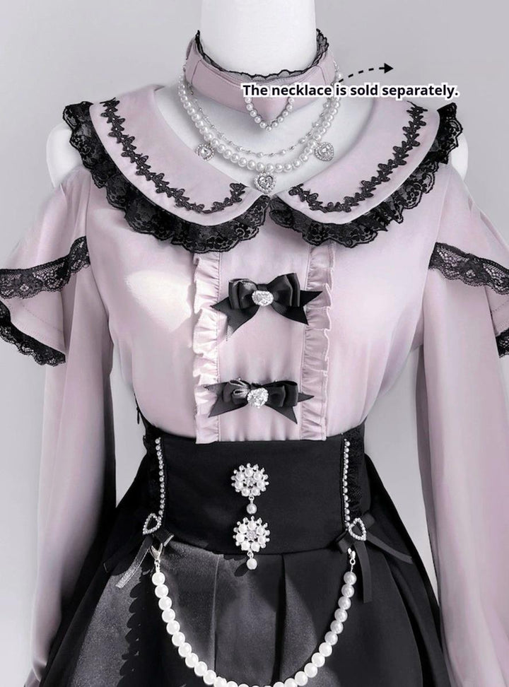 Jirai Kei Open-shoulder Blouse Black Skirt With Peal Chain 42164:734104