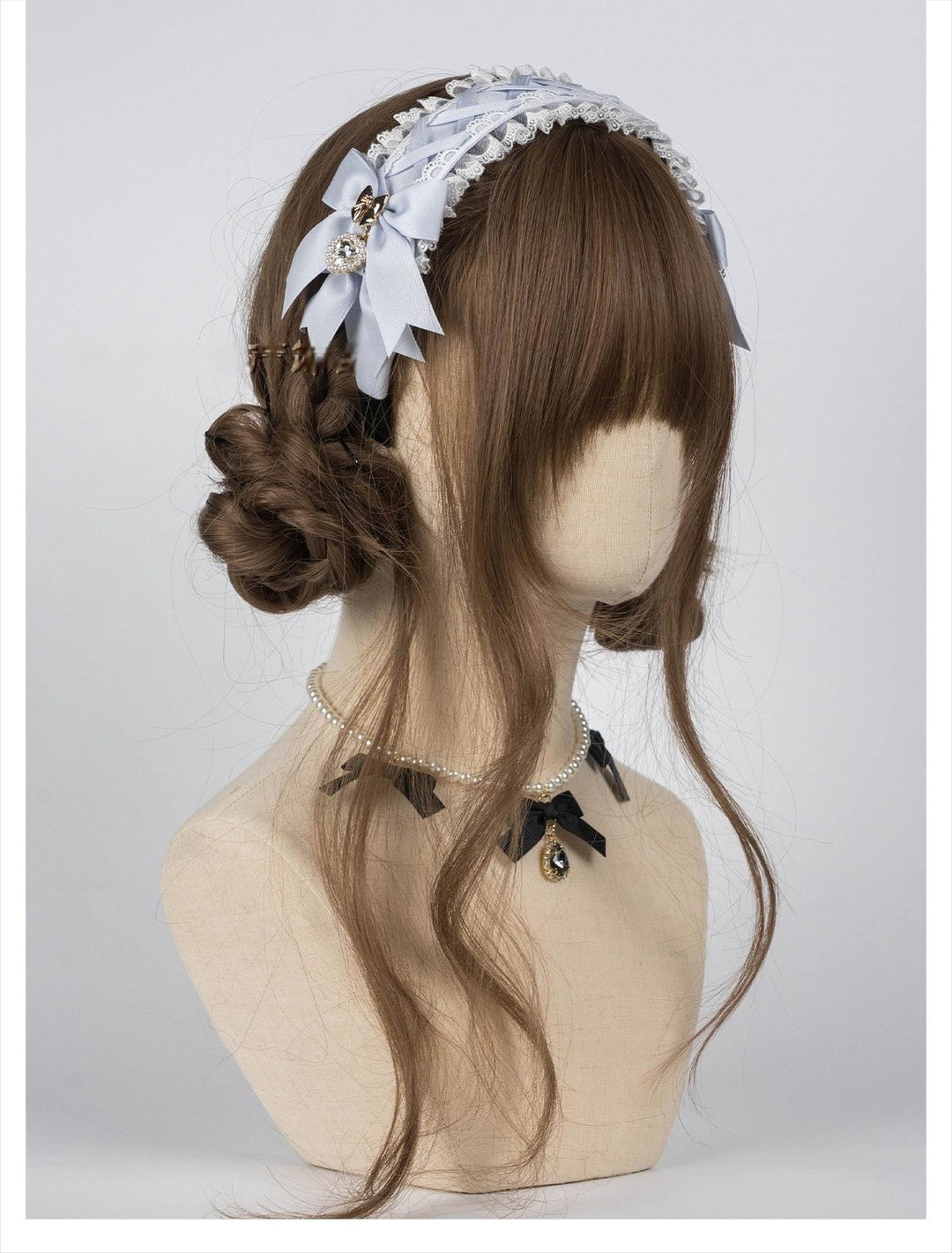 Ruffled Lace Jirai Kei Headband with Bows and Rhinestone 42485:742661