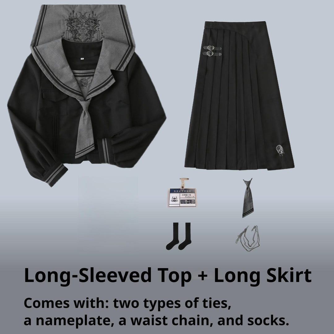 Black JK Uniform Sailor Collar Blouse Pocketed Pleated Skirt (2XL 3XL L M S XL) 43025:762741