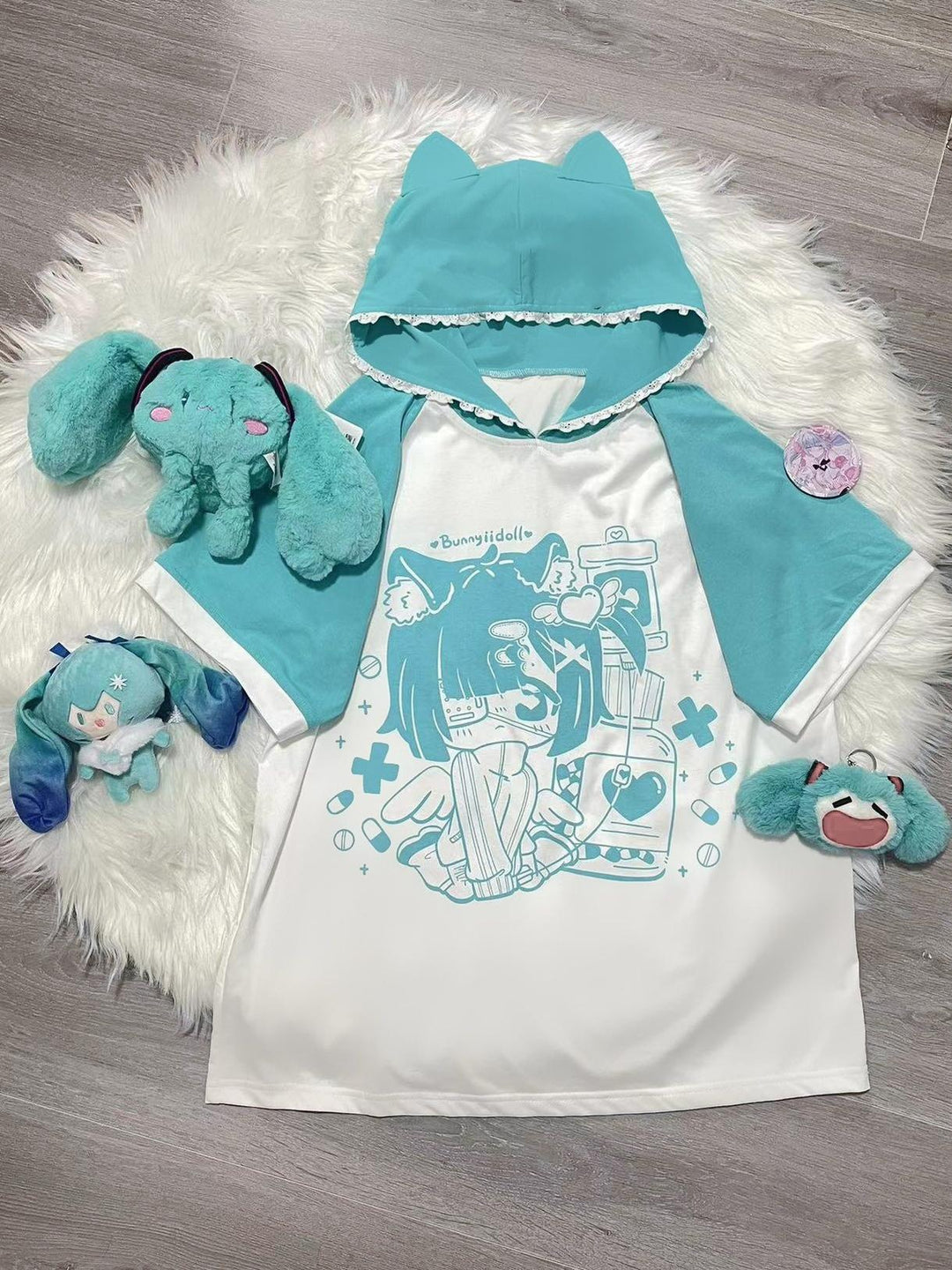 Subculture T-shirt Cat Ear Anime Hoodie Loose Otaku Shirt (L M / Green) 38522:599858