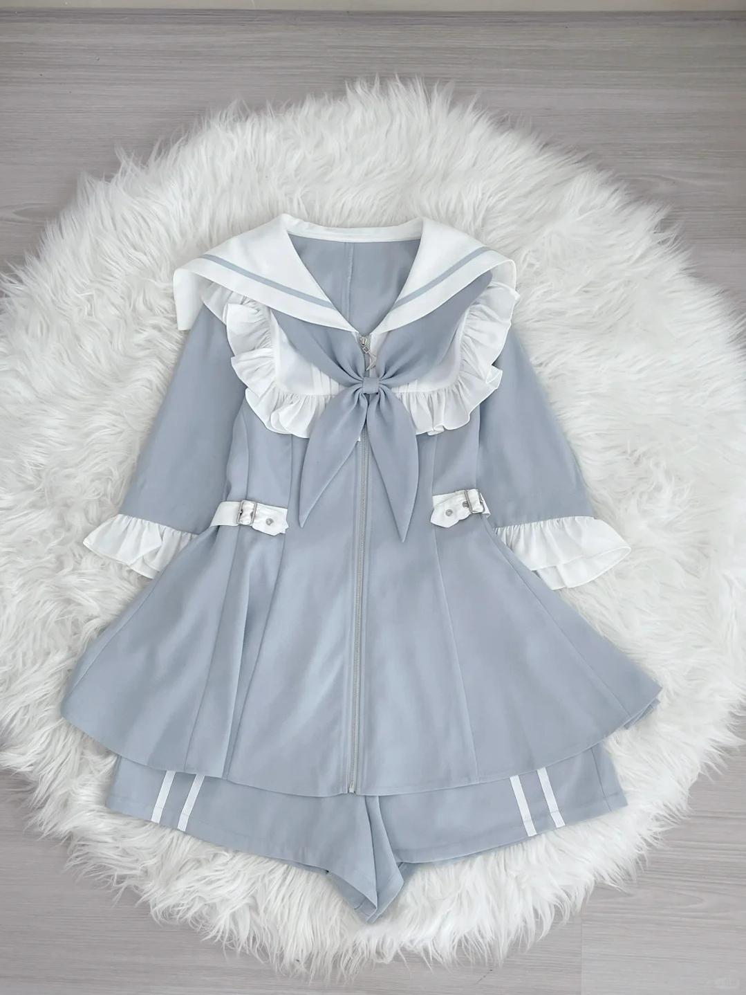 Jirai Kei Set Up Blue Lace Dress And Shorts Set 37046:761481