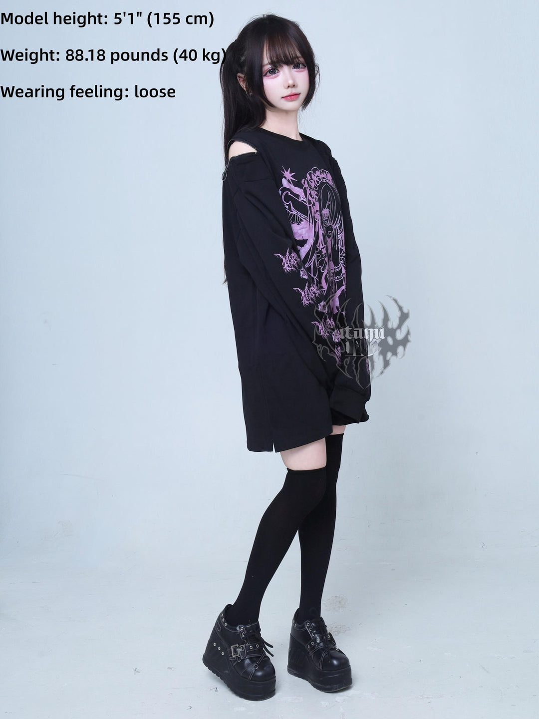 Gothic Long Sleeve Tee, Anime Print and Zipper Shoulder 44521:812673