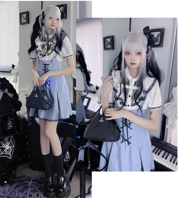 Jirai Kei Bi-color Blouse, Suspender Skirt Set 21976:365412