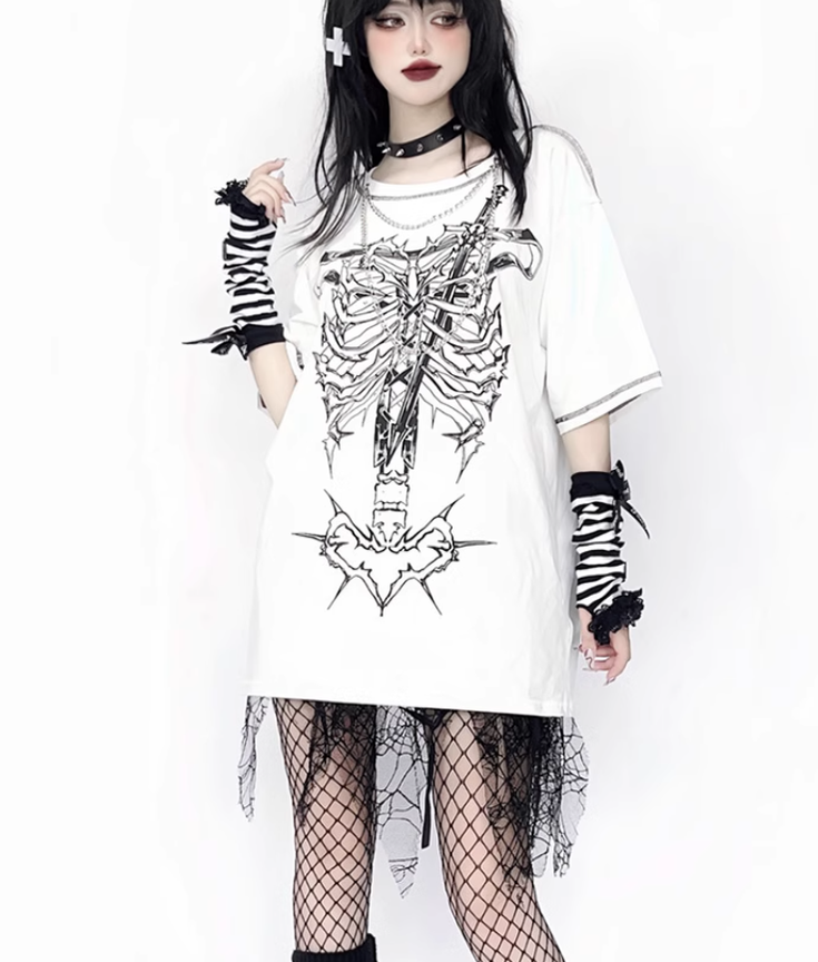 Gothic T-shirt Punk Ribbone Print Top Drop-Shoulder Shirt 39132:614782